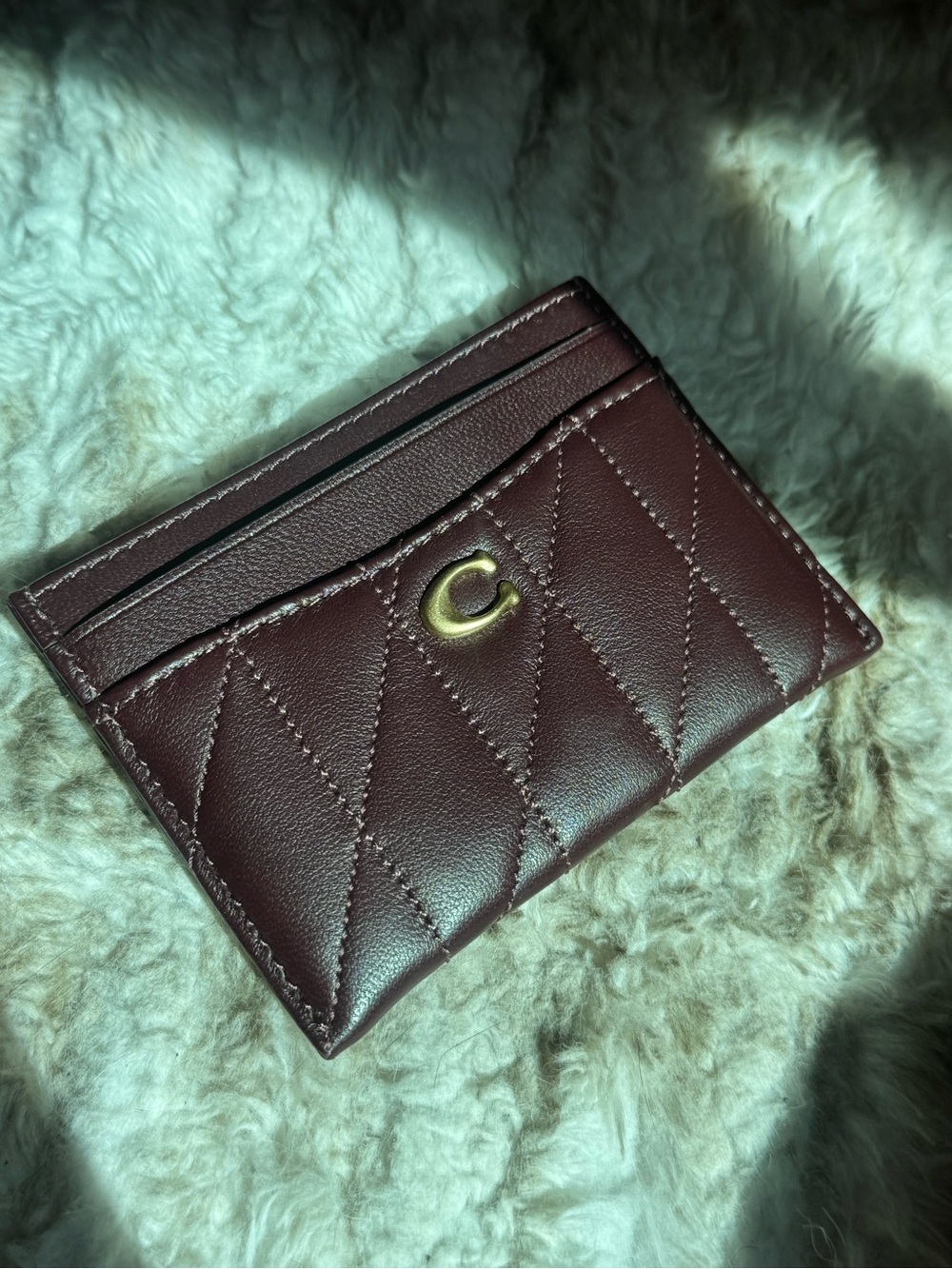 Quilted Leather Card Holder in Black currant with Gold Accent